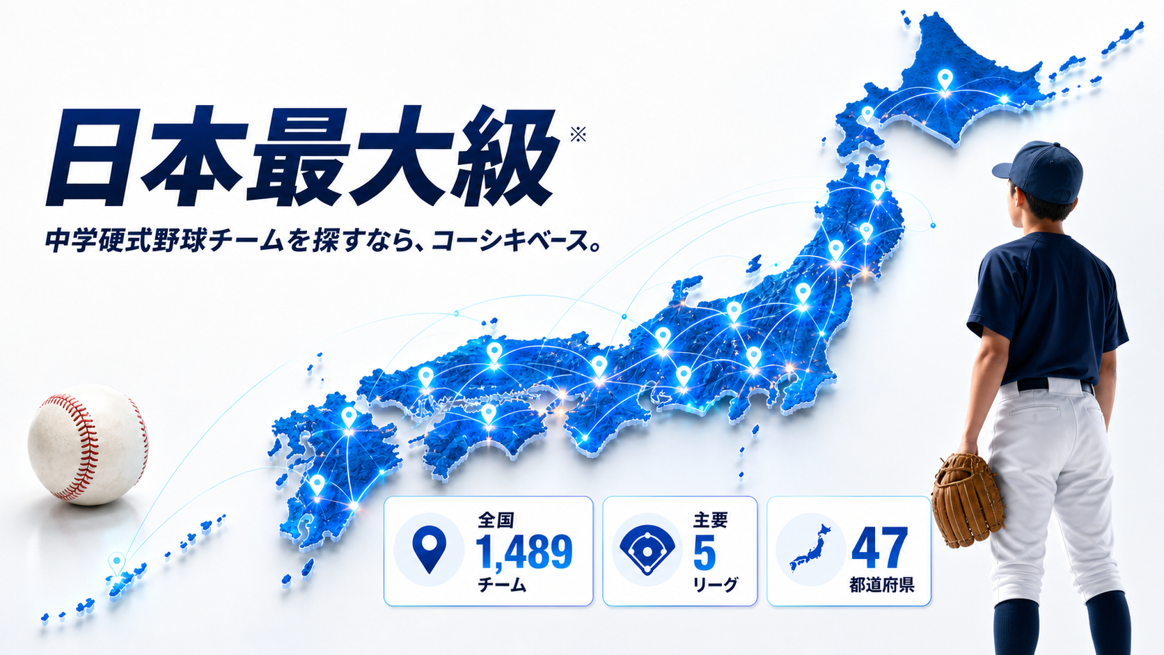 日本地図の全国ネットワークを見つめる中学硬式野球選手。全国1,489チーム、主要5リーグ、47都道府県を掲載するコーシキベース