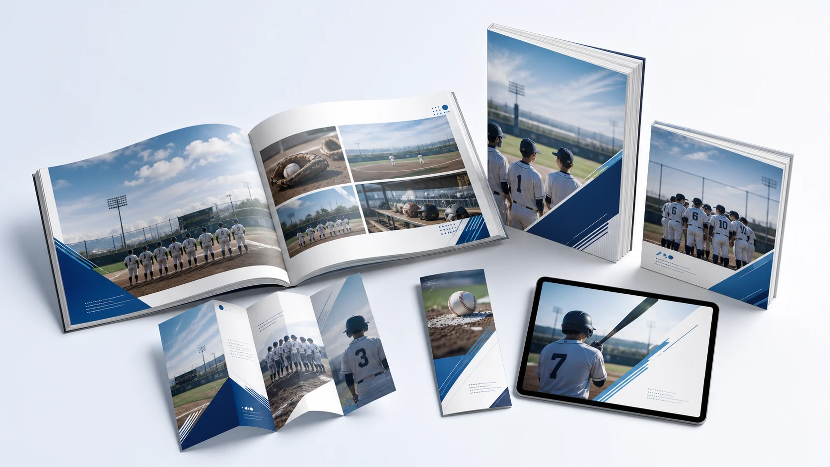 冊子、三つ折り、写真集、タブレットに展開した野球チームカタログ制作イメージ